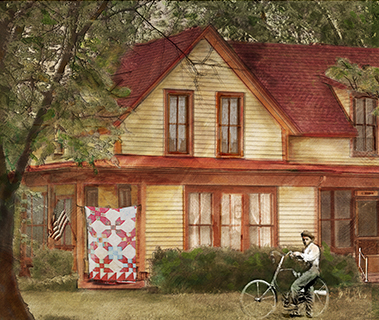 Detail of artwork by Pauli Driver-Smith. Original piece was sold at a silent auction as a fundraiser for Historic Highlandlake. The pickture shows the Lorin C Mead home as it probably looked in the mid-1880s. Lorin's son, Malcolm is in front with his bicycle and a quilt is hanging between two porch posts.