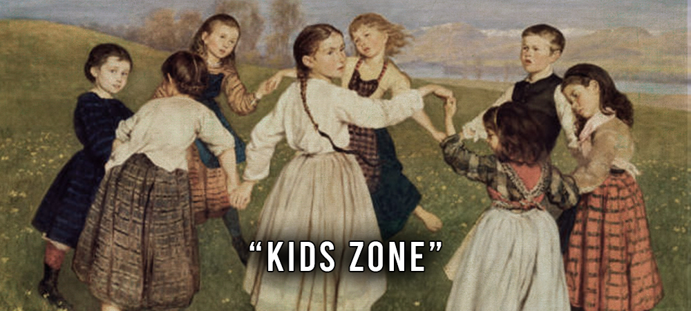 Hero for the Kids Zone page. Eight pioneer children shown holding hands and dancing in a circle.