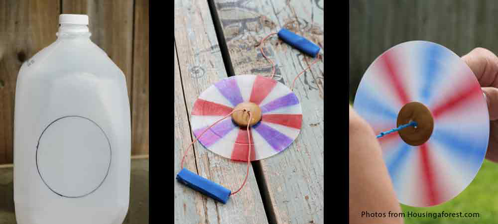 Hero for the button spinner page. Three images showing the different stages of making a spinner from an old milk bottle.