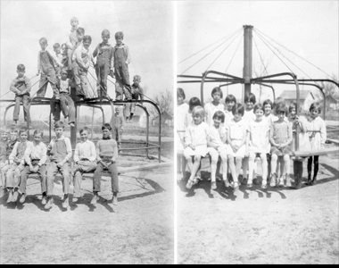 Two photos next to each other. On the left are young elementary age boys posing on a merry-go-round. The older boys are sitting on the seat. The younger boys are standing  h igher up on the bars. The photo on the right show girls of about the same age, all sitting demurly on the seat with hands folded in their laps. A few older girls are standing on the ground behind them.